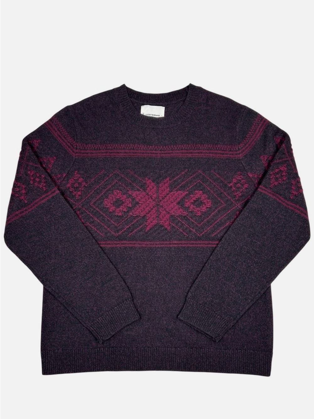 Lucky Brand Intarsia Sweater Alpaca Wool Nordic Crew Mens Large Burgundy